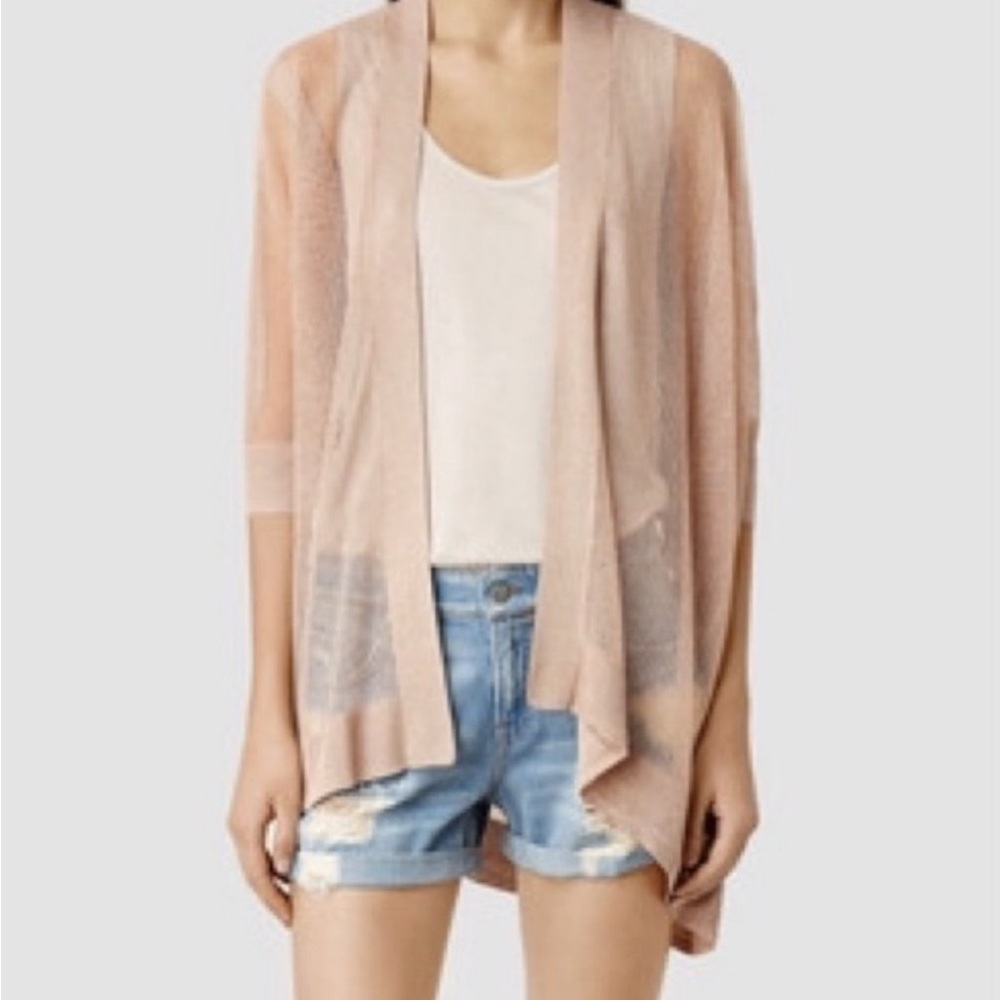 All Saints Bishi Open Knit Mesh Cardigan Sweater Sz S Beige Tan Sheer Asymmetric